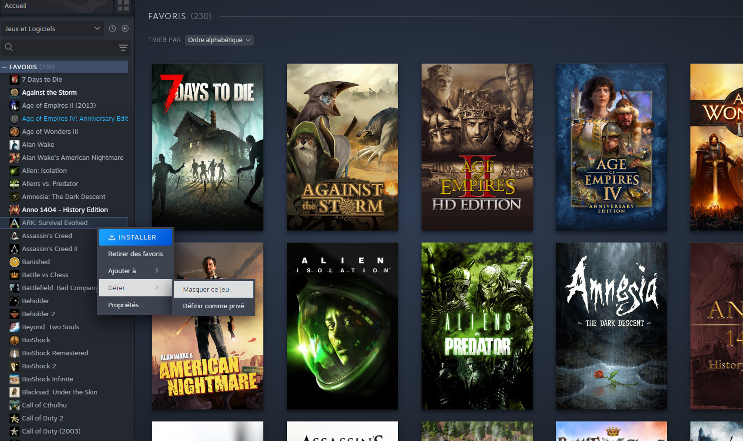 Masquer le jeu sur Steam